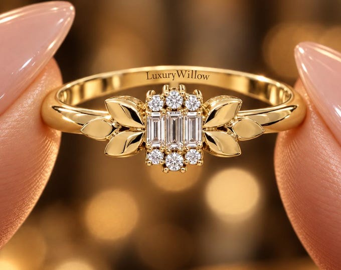 Floral Diamond Ring, Emerald Cut Lab Grown Diamond Ring, Leaf Engagement Ring, Nature Inspired Cluster Ring, Art Deco Anniversary Ring