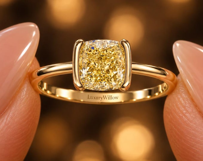 2 CT Yellow Cushion Cut Lab Grown Diamond Ring, Solitaire Engagement Ring, 10K 14K 18K Solid Gold, Fancy Yellow Diamond Ring for Her