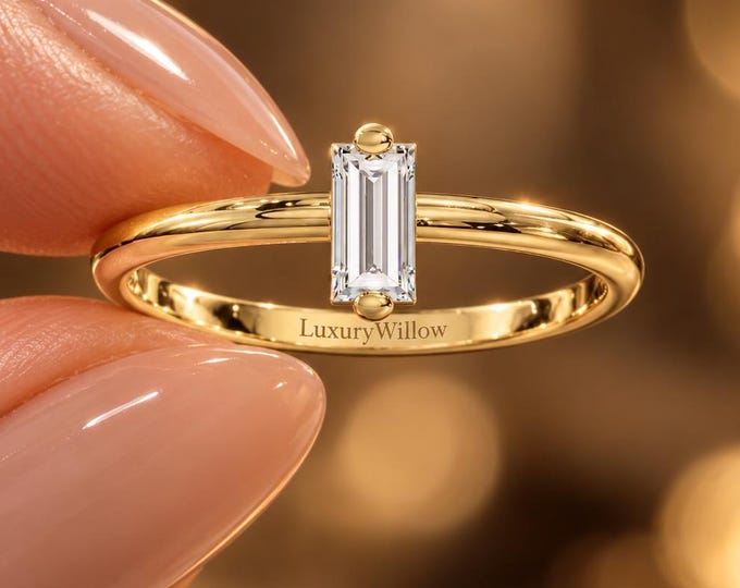 Baguette Diamond Ring, Emerald Cut Lab Grown Diamond Ring, Minimalist Solitaire Ring, Dainty Gold Engagement Ring, Art Deco Promise Ring