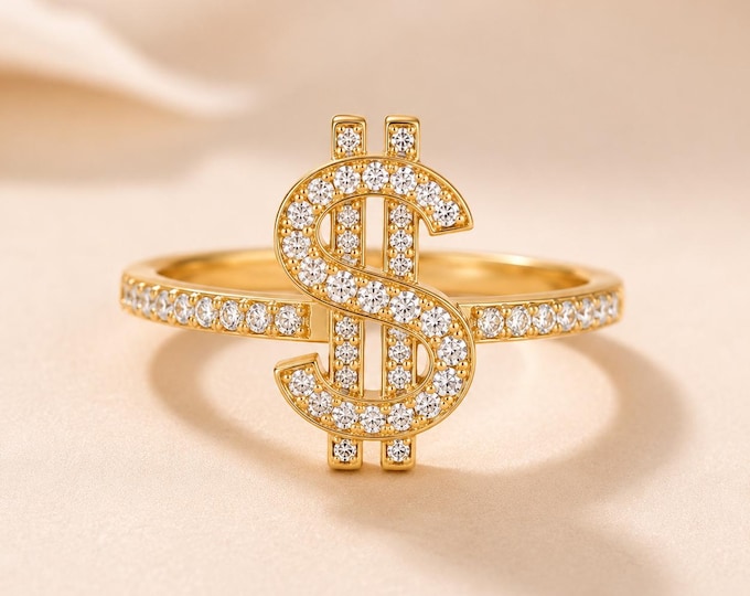 Solid Gold Dollar Ring, 1.20 CT Round Diamond Money Sign Ring, Iced Out Statement Ring, Hip Hop Jewelry, Luxury Gift