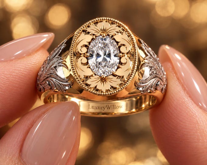 1.80 CT Oval Lab Grown Diamond Ring, Vintage Floral Engagement Ring, Ornate Signet Ring, 10K Gold Diamond Statement Ring for Women