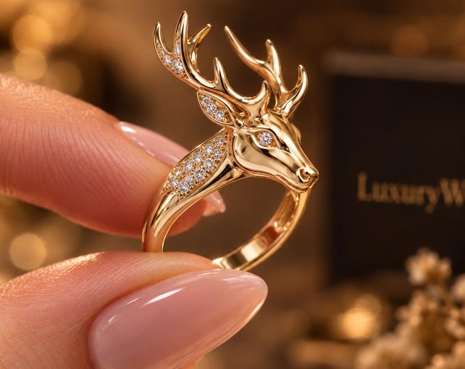 1.40 CTW Lab Grown Diamond Deer Ring, Stag Head Antler Ring, Round Diamond Animal Ring, Solid Gold Statement Ring, Nature Inspired Gift