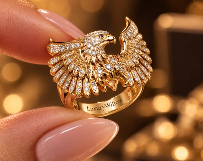 1.60–1.80 CTW Lab Grown Diamond Eagle Ring, Flying Eagle Statement Ring, Round Diamond Bird Ring, Solid Gold Animal Jewelry, Eagle Gift