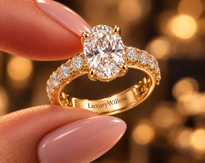 3 CT Oval Lab Grown Diamond Engagement Ring, 4.80 CTW Diamond Ring, D E Color VVS, Oval Cut Anniversary Ring, Solid Gold Bridal Ring