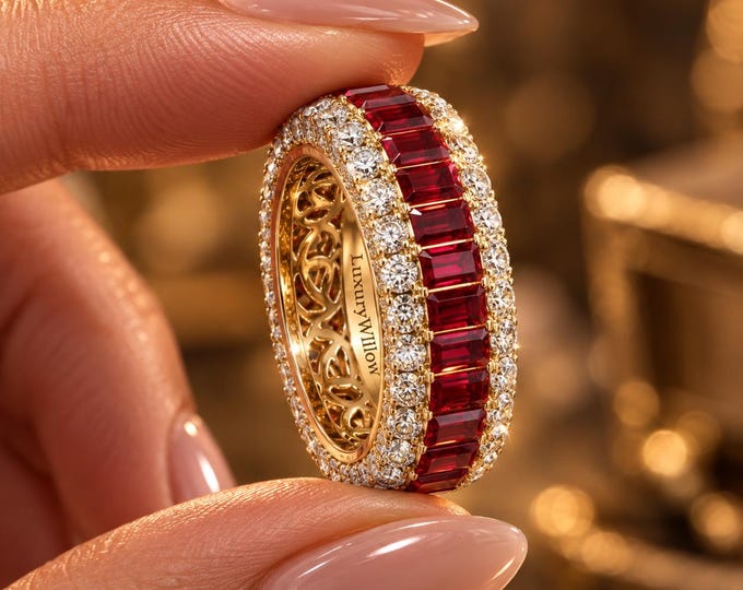 Red Lab Grown Diamond Ring, Emerald Cut Red Diamond Eternity Band, 4.40-4.80 CTW Wide Diamond Ring, Anniversary Wedding Statement Ring