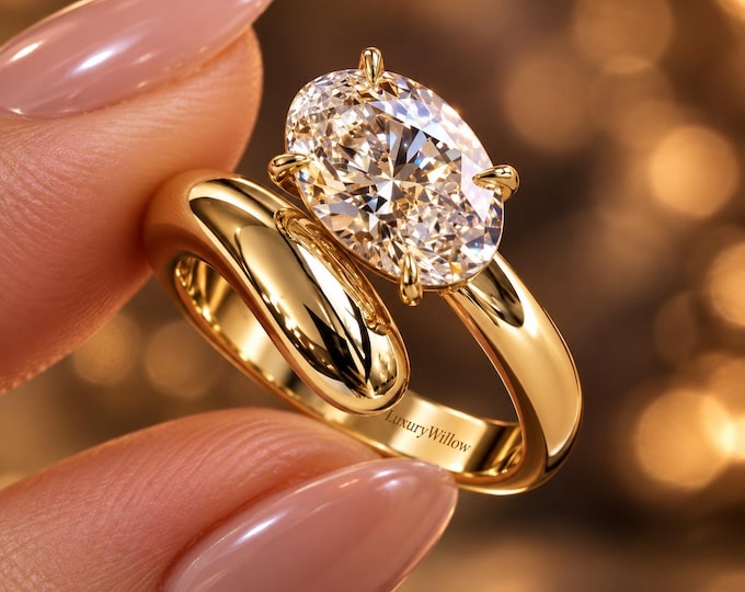 2.20–2.50 CT Oval Cut Lab Grown Diamond Ring, Bypass Solitaire Engagement Ring, D-E VVS1 Diamond Ring, 10K 14K 18K Solid Gold Ring