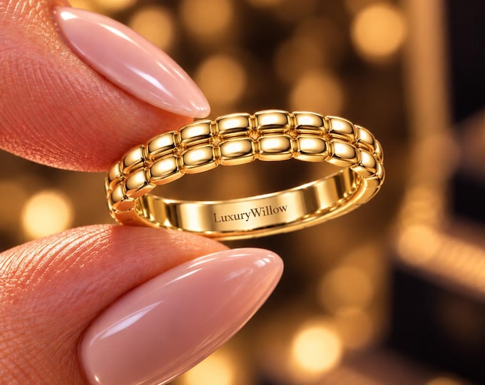 2MM Double Row Gold Ring, Rounded Brick Pattern Wedding Band, Wide Geometric Ring, Solid 10K 14K 18K Gold Stackable Anniversary Ring