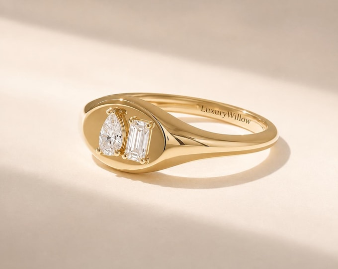 1.50 CT Pear & Emerald Cut Lab Grown Diamond Ring, Solid Gold Two Stone Signet Ring, Minimalist Engagement Ring, Promise Gift for Her