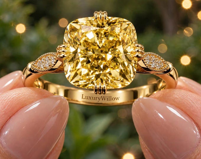 2.50 CT Yellow Lab Grown Diamond Ring, Cushion Cut Diamond Engagement Ring, Solid Gold Anniversary Ring, Unique Bridal Ring