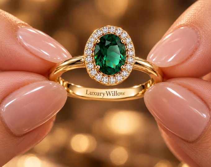 3.25 CT Green Lab Grown Diamond Ring, Oval Cut Green Diamond Engagement Ring, 3.75 CTW Halo Ring, 10K 14K 18K Gold Ring