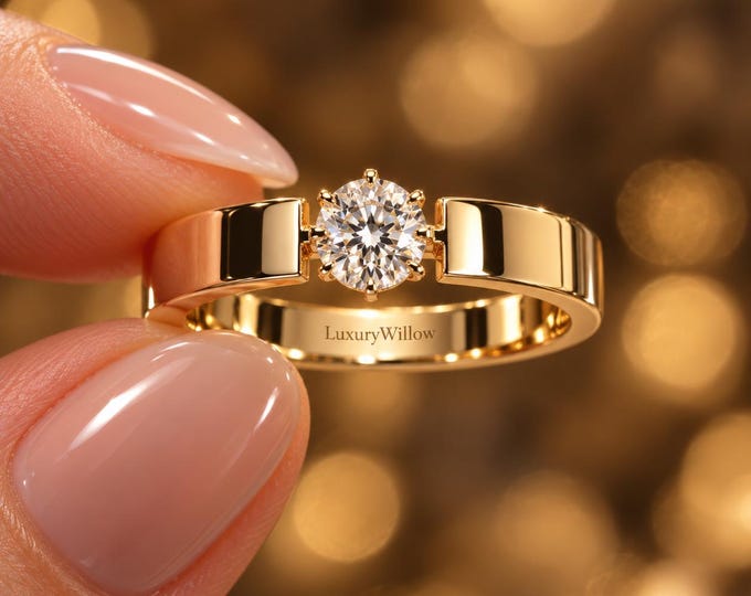 1.25–1.50 CT Lab Grown Diamond Ring, Wide Band Solitaire Engagement Ring, D E Color VVS Diamond, 10K 14K 18K Solid Gold Ring