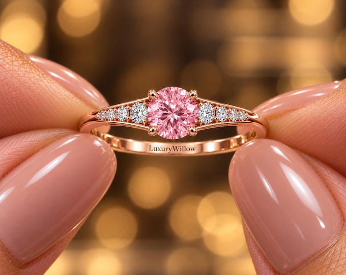 1.20–1.50 CT Lab Grown Diamond Engagement Ring, Round Cut Pink Diamond Ring, 3mm Gold Ring, Anniversary Promise Ring for Her
