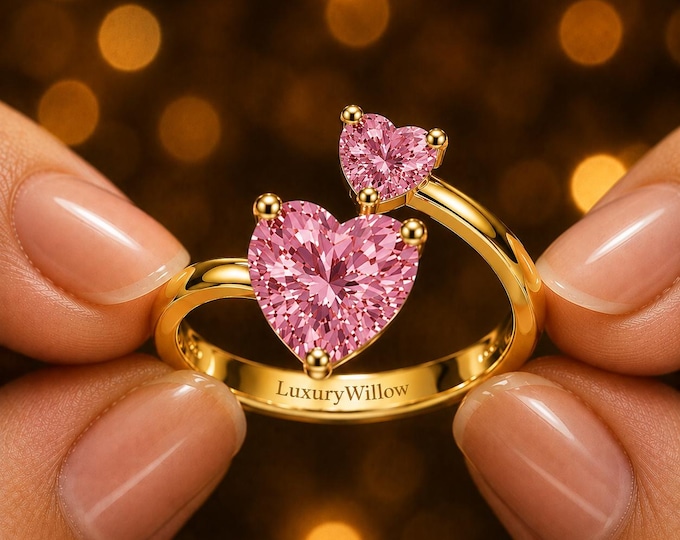 Double Pink Heart Lab Grown Diamond Ring, Two Stone Toi et Moi Engagement Ring, Heart Cut Diamond Promise Ring, Anniversary Gift for Her