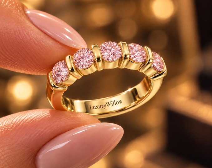 2.00 CTW Light Pink Lab Grown Diamond Ring, 5 Stone Round Diamond Band, Pink Diamond Wedding Ring, Anniversary Band, Solid Gold Ring