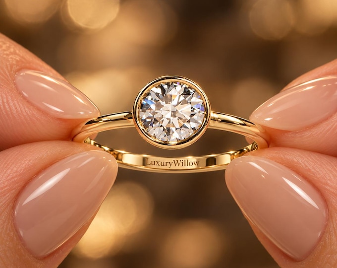 1.50 CT Lab Grown Diamond Bezel Set Engagement Ring, Minimalist Solitaire Gold Band