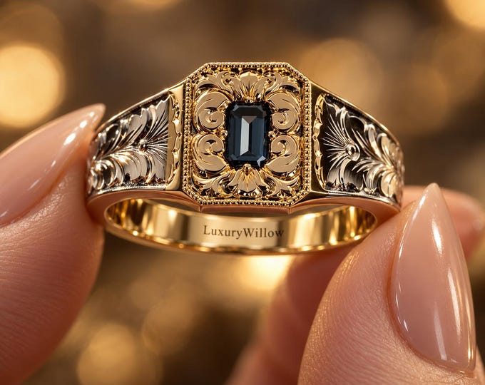1 CT Blue Lab Grown Diamond Ring, Vintage Engraved Signet Ring, Emerald Cut Diamond Ring, Ornate Gold Statement Ring for Men