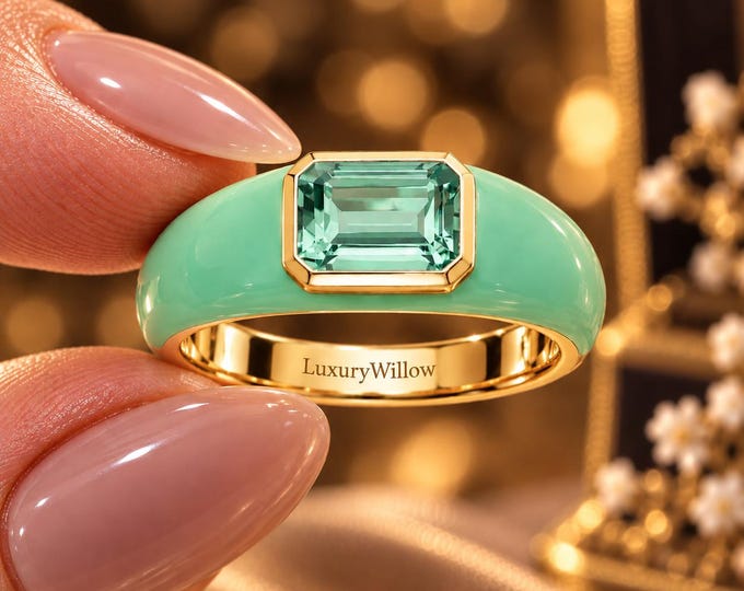 4.50 CT Emerald Cut Lab Grown Diamond Ring, VVS1 VVS2 Green Diamond Ring, Mint Enamel Gold Ring, Bezel Set Statement Ring, Anniversary Gift