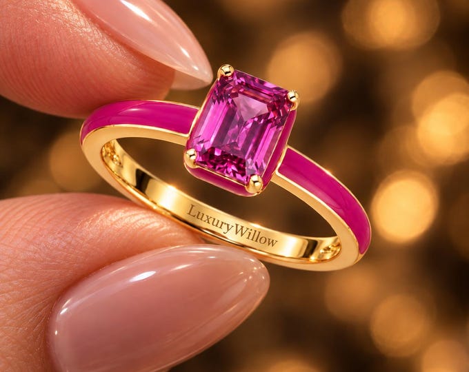 5.50 CT Pink Emerald Cut Lab Grown Diamond Ring, VVS1 VVS2 Pink Diamond Ring, Enamel Gold Engagement Ring, Statement Anniversary Ring
