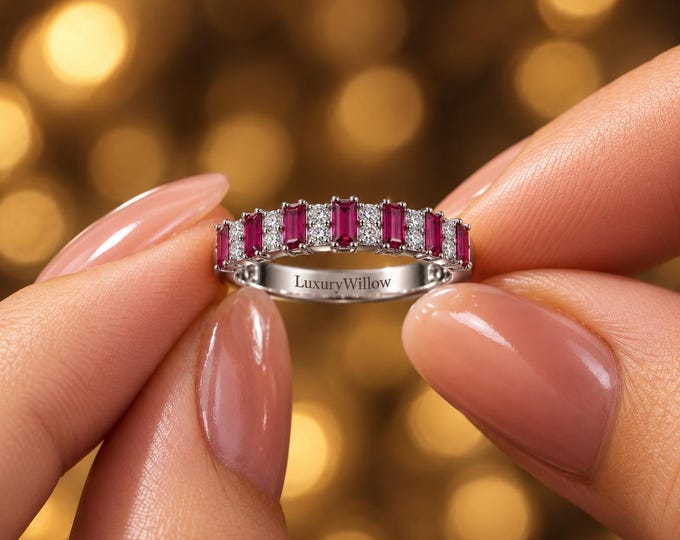 Pink Lab Grown Diamond Ring, 2.55 CTW Baguette Diamond Band, 7 Stone Pink Diamond Ring, Anniversary Band, 10K 14K 18K Solid Gold