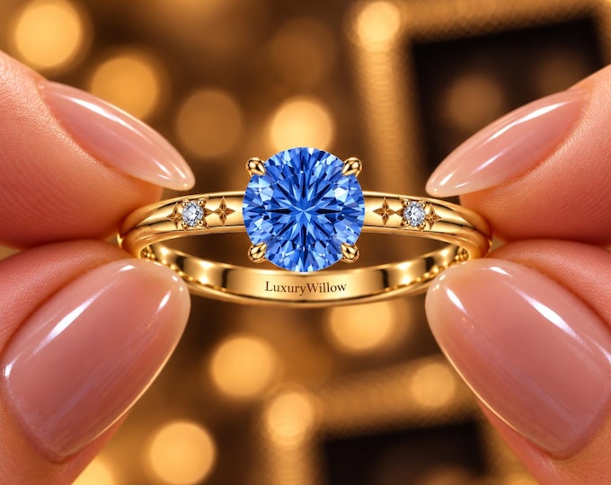 1.50 CT Blue Lab Grown Diamond Ring, Round Blue Diamond Engagement Ring, 1.90 CTW Three Stone Ring, 10K 14K 18K Solid Gold Ring