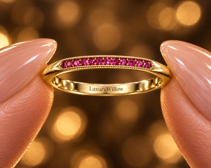 1.10 CT Pink Lab Grown Diamond Band Ring, Round Cut Pink Diamond Wedding Band, Minimalist Anniversary Ring, Stackable Gold Ring for Women