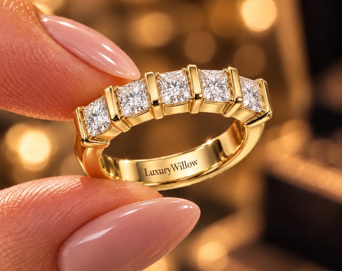 2.50 CTW Princess Cut Lab Grown Diamond Ring, 5 Stone Diamond Wedding Band, D-E VVS Anniversary Ring, Solid Gold Eternity Band for Women
