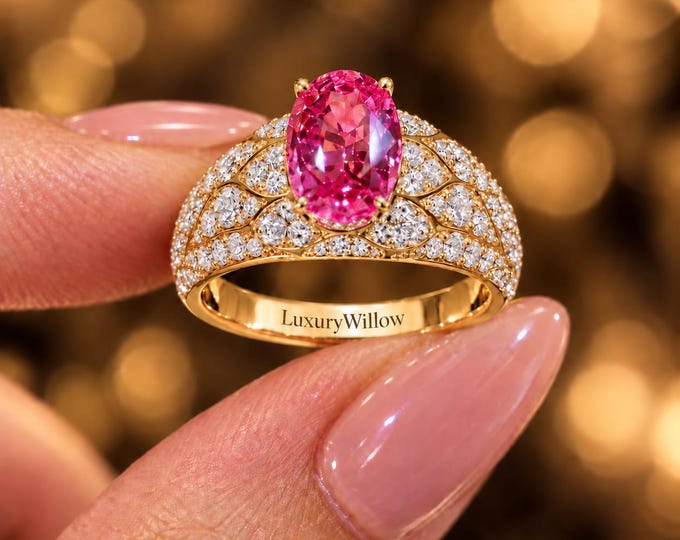 2 CT Pink Lab Grown Diamond Ring, 3.20 CTW Oval Pink Diamond Engagement Ring, White Diamond Wide Band, Anniversary Ring, Solid Gold Ring