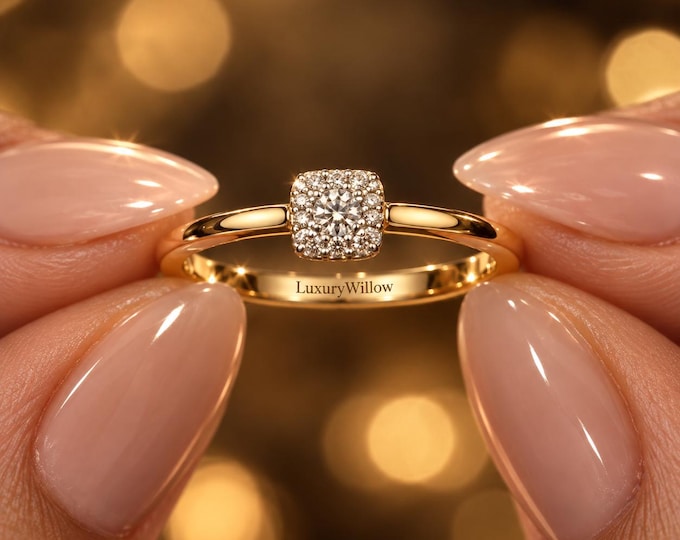 2 CT Lab Grown Diamond Ring, 1 CT Round Diamond Halo Engagement Ring, Cushion Halo Ring, Solid Gold Bridal Ring, Anniversary Ring
