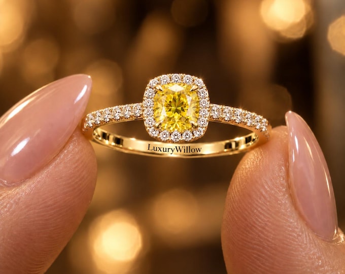 3 CT Yellow Lab Grown Diamond Ring, Cushion Cut Yellow Diamond Engagement Ring, 3.60 CTW Halo Ring, 10K 14K 18K Gold Anniversary Ring