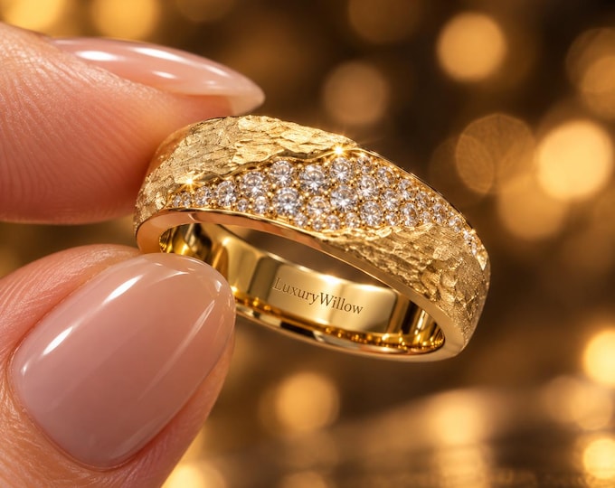 1.50 CTW Lab Grown Diamond Wide Band Ring, Textured Gold Diamond Ring, 10K 14K 18K Solid Gold Statement Ring, Anniversary Wedding Ring