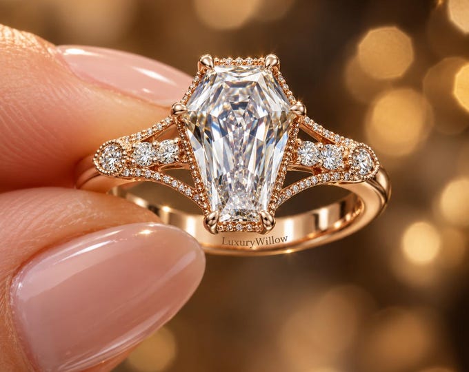 3.70 CTW Lab Grown Diamond Engagement Ring, 2.50 CT Elongated Center Stone, Split Shank Halo Ring, Solid Gold Bridal Ring