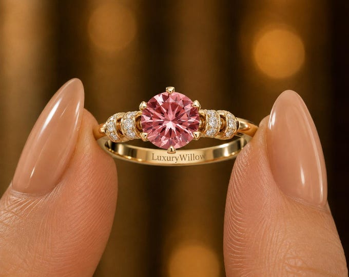 1.5 CT Pink Diamond Engagement Ring, IGI Certified Round Diamond Ring, 10K Yellow Gold Ring, Pink Solitaire Ring, Anniversary Gift for Her