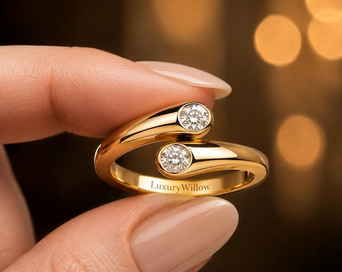 1.00 CTW Natural Diamond Two Stone Ring, 18K Solid Gold Bypass Ring, 0.50 CT Each Round Diamond, D E Color, Toi et Moi Engagement Ring
