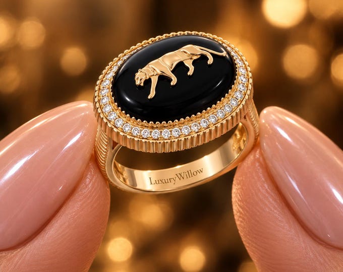 0.70 CT Lab Grown Diamond Panther Ring, Black Onyx Signet Ring, Oval Animal Ring, Diamond Statement Ring, Gold Cocktail Ring for Women
