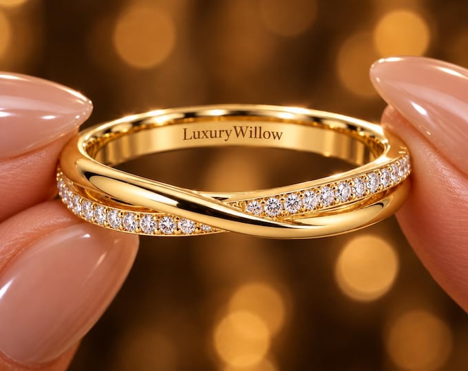 Lab Grown Diamond Crossover Ring, Twisted Diamond Wedding Band, 14K Gold Infinity Ring, Diamond Anniversary Band, Stackable Ring for Her
