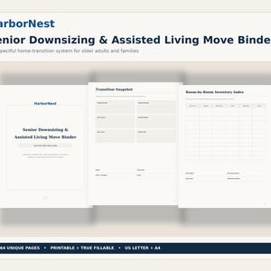 Op de afbeelding: Een digitaal bindersysteem getiteld HarborNest Senior Downsizing & Assisted Living Move Binder. Het bevat drie witte pagina's met zwarte tekst, waaronder een voorpagina, een Transition Snapshot-formulier en een Room-by-Room Inventory Index-tabel.