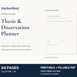 Thesis and Dissertation Planner, 64-Page Graduate Research Organizer, Printable Fillable PDF