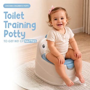 May include: A light grey and blue plastic toilet training potty featuring a stylised chicken design with eyes on the backrest. The text on the image reads: CHICKEN CHILDREN'S POTTY, Toilet Training Potty, TO GET RID OF NAPPIES.