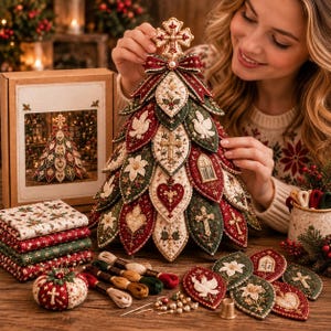 Puede incluir: Un adorno de árbol de Navidad de tela con paneles en forma de hoja superpuestos en rojo, verde y crema. Los paneles están bordados con motivos que incluyen palomas, cruces, corazones y flores. Incluye una caja a juego y suministros de bordado.
