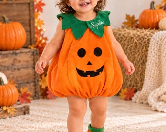 Personalisiertes Baby-Kürbiskostüm, erstes Halloween-Outfit mit individuellem Namen, Kürbis-Strampler für Kleinkinder