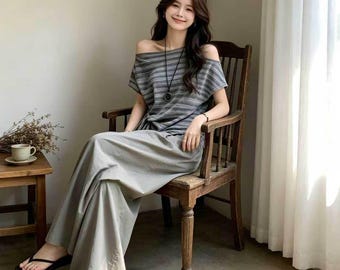 Koreaanse relaxte outfitset voor dames, zomerse off-shoulder gestreepte top en casual wijde broek, tweedelige set