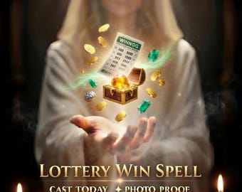 Könnte beinhalten: Eine digitale Illustration mit einem Lottoschein mit der Aufschrift WINNGG, einer kleinen hölzernen Schatztruhe mit einem leuchtend gelben Edelstein, Goldmünzen und grünen Juwelen sowie dem Text LOTTERY WIN SPELL, CAST TODAY, PHOTO PROOF und Kerzen.