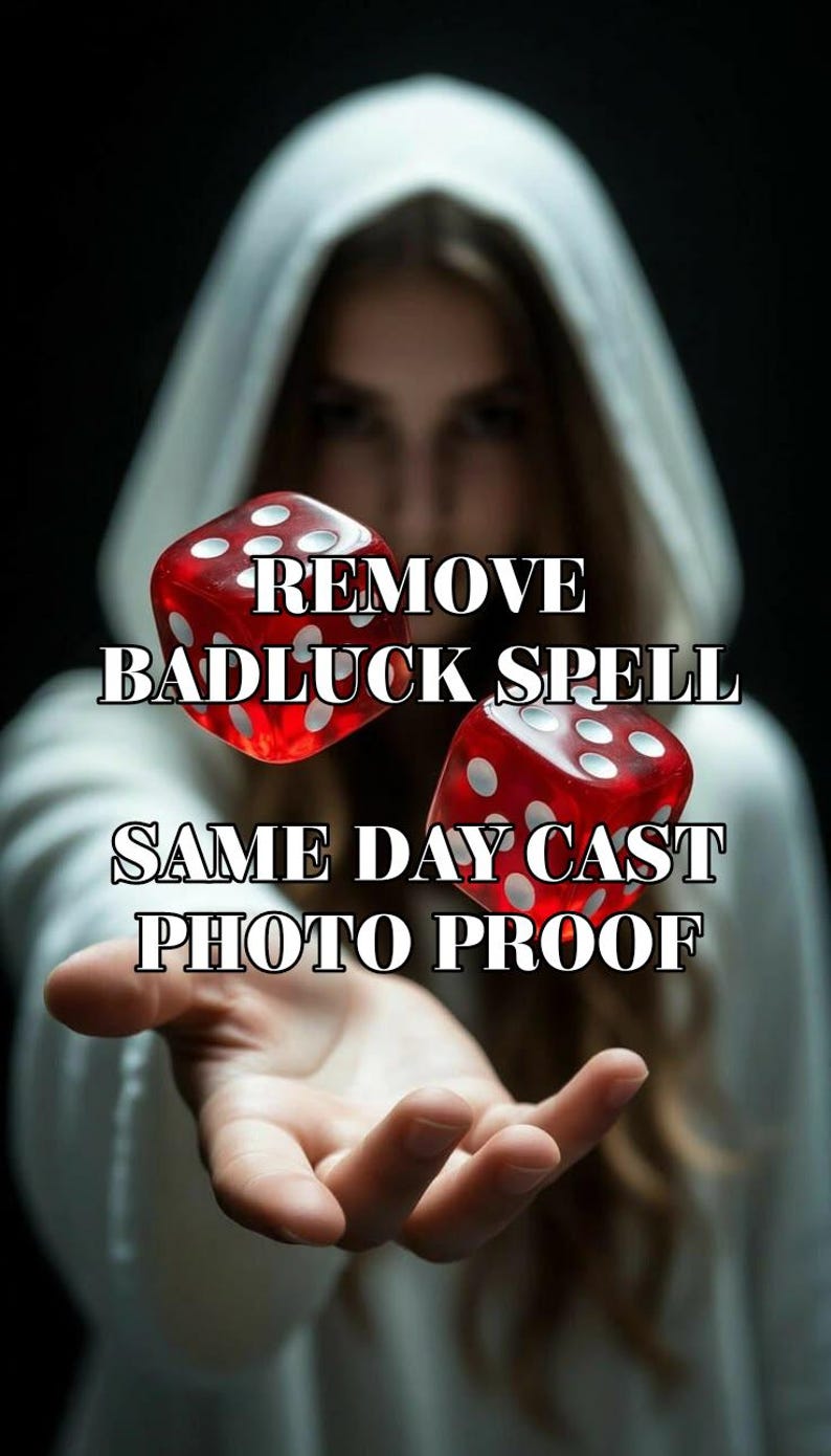 May include: Two translucent red six-sided dice with white pips floating above an open palm. The text REMOVE BADLUCK SPELL SAME DAY CAST PHOTO PROOF is overlaid in white with a black outline against a dark background.