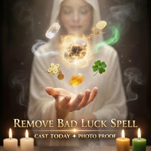 May include: A digital illustration featuring the text REMOVE BAD LUCK SPELL, CAST TODAY, PHOTO PROOF. Floating objects include a glowing stone, a four-leaf clover, a gold coin, and a crystal. Four candles and a circular zodiac chart are visible.