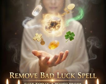 Könnte beinhalten: Eine digitale Illustration mit dem Text REMOVE BAD LUCK SPELL, CAST TODAY, PHOTO PROOF. Schwebende Objekte sind ein leuchtender Stein, ein vierblättriges Kleeblatt, eine Goldmünze und ein Kristall. Vier Kerzen und ein Tierkreiszeichen sind zu sehen.