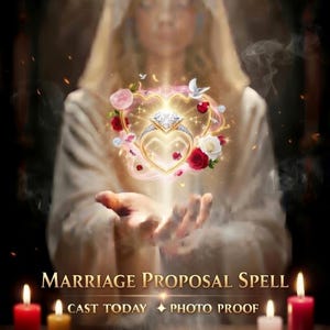 Peut inclure: Une bague en diamant dorée au centre d'un cadre en forme de cœur lumineux entouré de roses rouges et blanches. En dessous, quatre bougies entourent un disque doré de style zodiaque. Texte : MARRIAGE PROPOSAL SPELL, CAST TODAY, PHOTO PROOF.