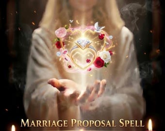 Könnte beinhalten: Ein goldener Diamantring in einem leuchtenden herzförmigen Rahmen, umgeben von roten und weißen Rosen. Darunter flankieren vier Kerzen eine goldene Scheibe im Tierkreiszeichen-Stil. Text: MARRIAGE PROPOSAL SPELL, CAST TODAY, PHOTO PROOF.