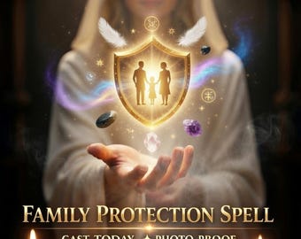 Pode incluir: Uma ilustração digital com um escudo dourado brilhante com uma silhueta familiar, rodeado por cristais flutuantes e penas brancas. Abaixo, o texto diz FAMILY PROTECTION SPELL, CAST TODAY, PHOTO PROOF, com quatro velas e uma roda do zodíaco.