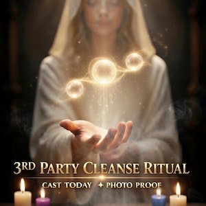 May include: A figure in a white hooded robe holds glowing golden orbs above a wooden table with four candles and a circular zodiac chart. The text reads 3RD PARTY CLEANSE RITUAL, CAST TODAY, and PHOTO PROOF, featuring a mystical, ethereal aesthetic.