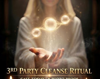 Könnte beinhalten: Eine Gestalt in weißer Kapuzenrobe hält leuchtende goldene Kugeln über einem Holztisch mit vier Kerzen und einem kreisförmigen Tierkreiszeichen. Der Text lautet 3RD PARTY CLEANSE RITUAL, CAST TODAY und PHOTO PROOF in mystischer Optik.